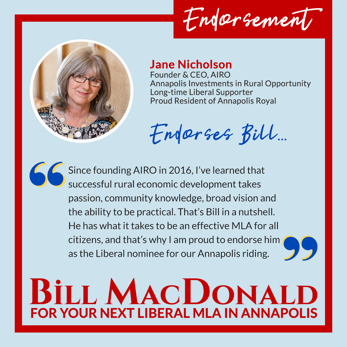 Jane Nicholson endorses Bill MacDonald for Annapolis MLA.